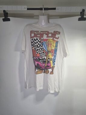 Barbie White Graphic Tee with Pink Car and Yellow Accents